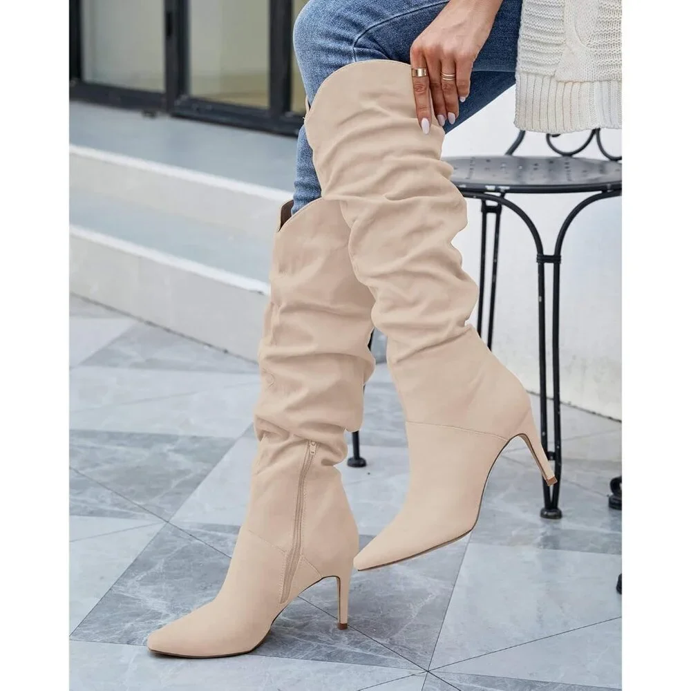 Womens Faux Suede Beige Knee High Almond Toe Side Zipper Stiletto Heel Booties
